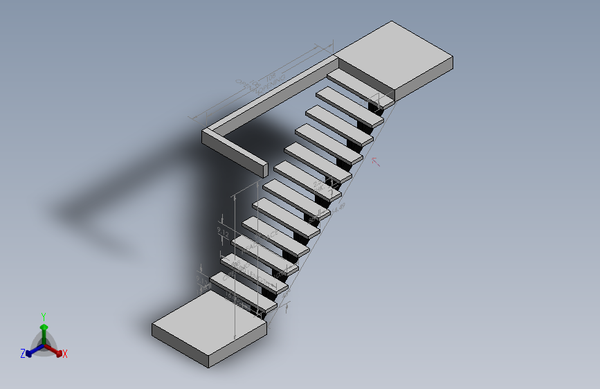 木制悬臂楼梯，配有矩形型钢支撑。