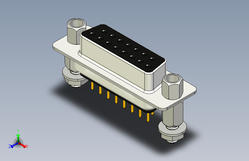DSUB 15引脚母PCB通孔连接器，直。带六角螺钉、垫片、螺母和垫圈，用于垂直安装在印刷电路板上。_STEP_模型图纸下载 – 懒石网