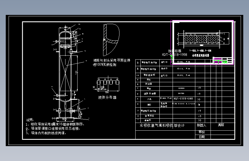 水吸收氨气填料吸收塔设计CAD+说明书