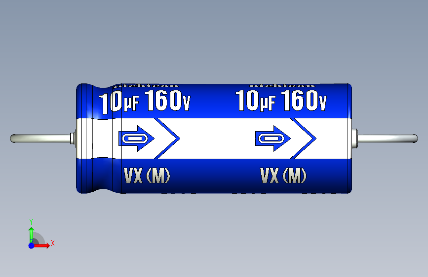 -Cap. Electrolytic Axial 8x20mm 10uf Picth 29 mm NICHICON 正面视图