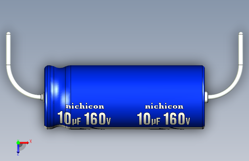 -Cap. Electrolytic Axial 8x20mm 10uf Picth 29 mm NICHICON 俯视图