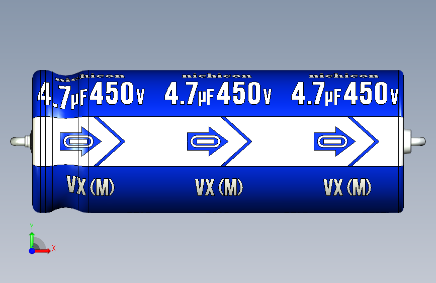 Cap. Electrolytic Axial 10x26mm 4.7uf Picth 28.5 mm NICHICON 正面视图