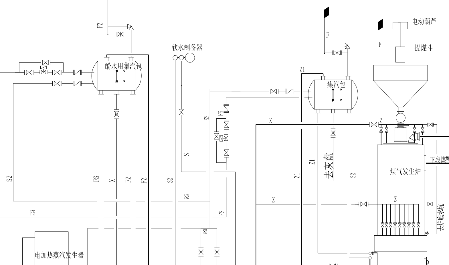 两段冷煤气站工艺流程图CAD 正面视图