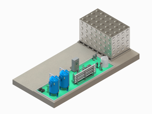 水处理系统效果图（多介质过滤器+活性炭过滤器+保安过滤器+ro系统+回用水箱）
