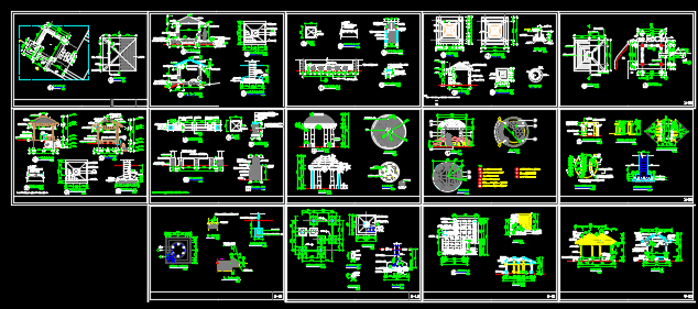 各种样式亭子建筑施工图(方亭、圆亭)