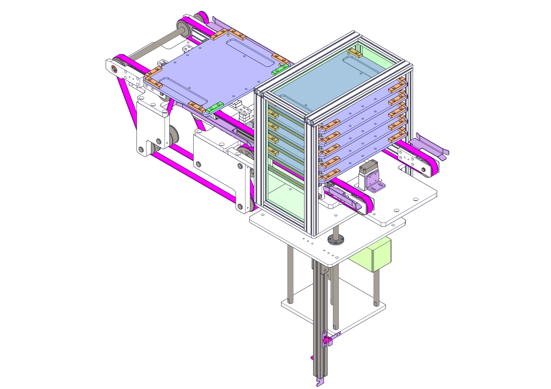 基于双列皮带机的升降料框送料机构